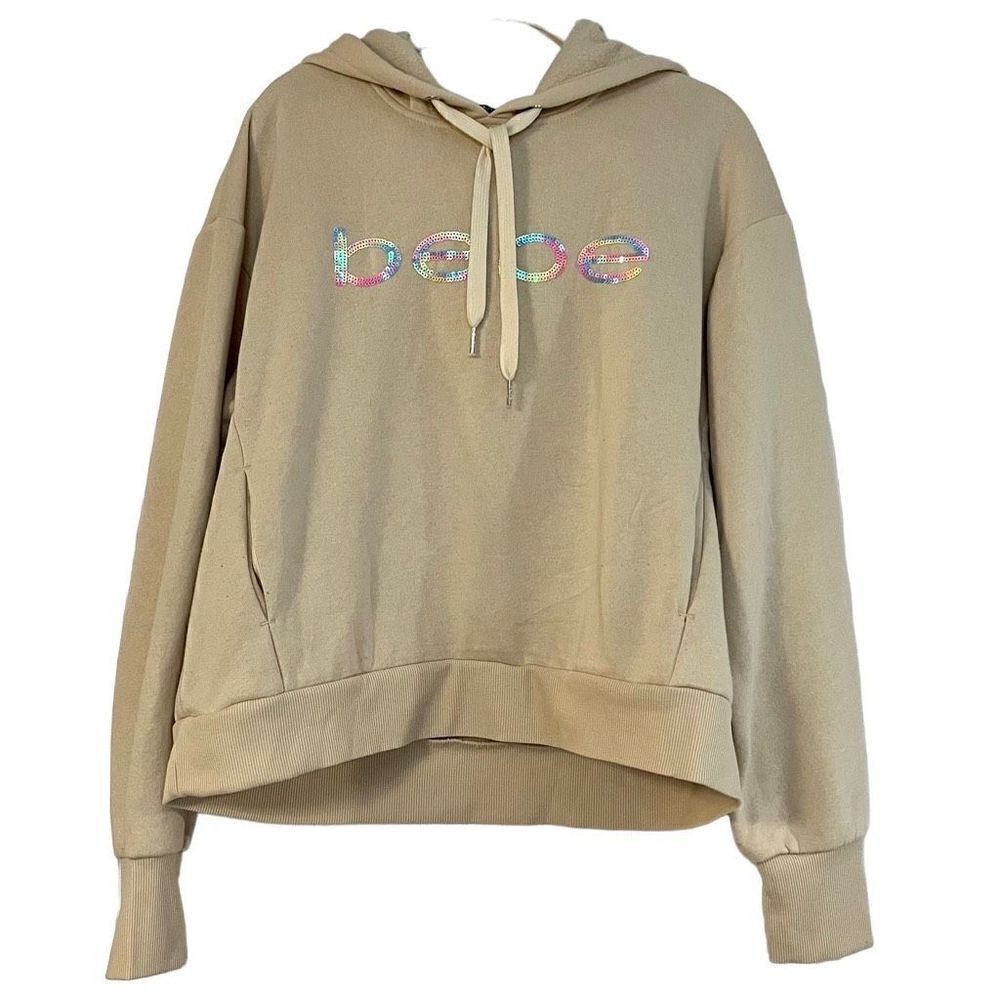 Bebe Sport Cream Hoodie Rainbow Sequins Size Large